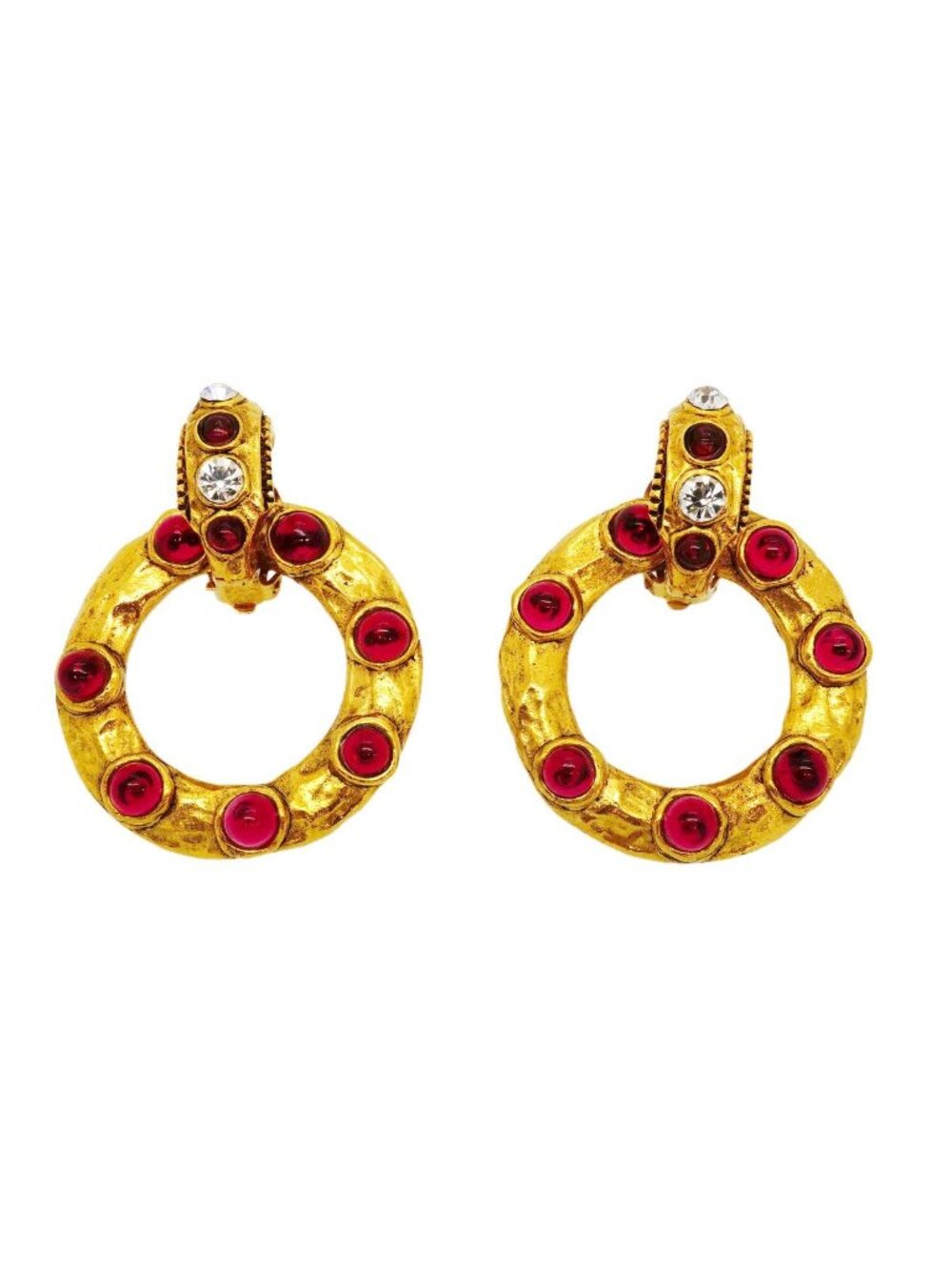 Chanel Earrings Vintage Round Circle Gold Plated Rhinestone Red
